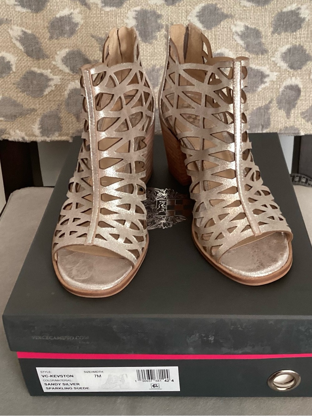 Vince Camuto Sandy Silver Laser-Cut Peep-Toe Heels